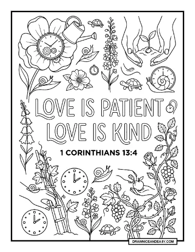 1 Corinthians 13:4 Love is Patient Bible Verse Coloring Page – Free PDF coloring page preview