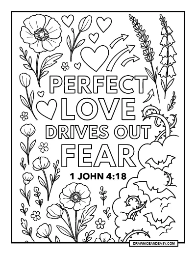 1 John 4:18 Perfect Love Casts Out Fear Bible Verse Coloring Page – Free PDF coloring page preview