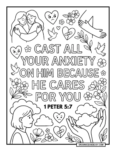 1 Peter 5:7 Cast All Your Anxiety on Him Bible Verse Coloring Page – Free PDF coloring page preview