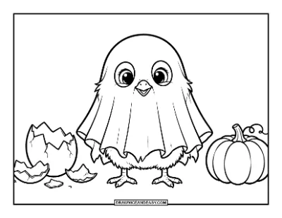 Baby Chick in Ghost Costume Coloring Page coloring page preview