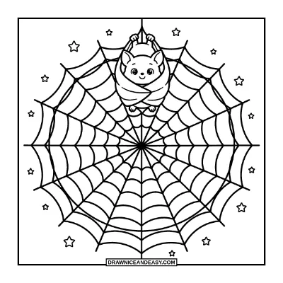 Bat Hanging from a Spider Web Under the Moon Coloring Page coloring page preview