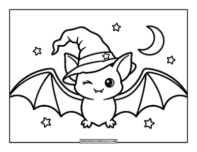 Bat Wearing a Witch Hat Coloring Page coloring page preview