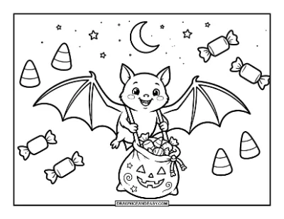 Bat with Halloween Candy Coloring Page coloring page preview