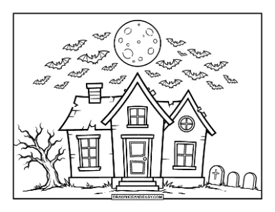 Bats and Haunted House Coloring Page coloring page preview