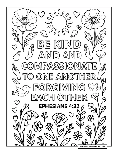 Be Kind and Compassionate Bible Verse Coloring Page – Free PDF coloring page preview