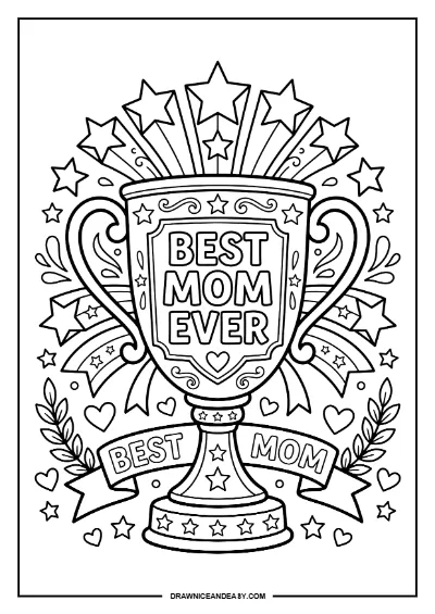 Best Mom Ever Trophy Mother's Day Coloring Page – Free PDF coloring page preview