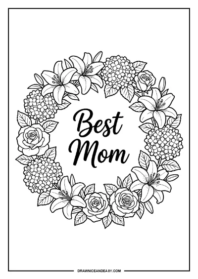 Best Mom Floral Wreath Mother's Day Coloring Page – Free PDF coloring page preview
