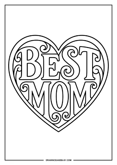 Best Mom Heart Typography Mother's Day Coloring Page – Free PDF coloring page preview