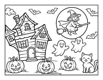 Big Halloween Night Scene with Haunted House, Witch, and Bats Coloring Page coloring page preview