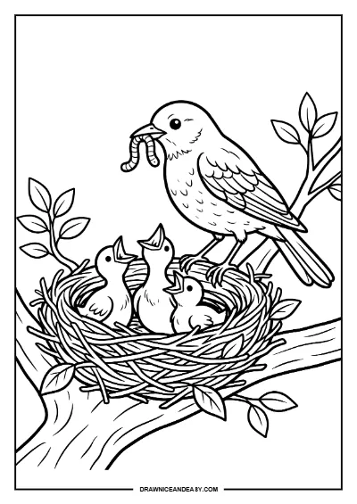 Bird Family Nest Mother's Day Coloring Page – Free PDF coloring page preview
