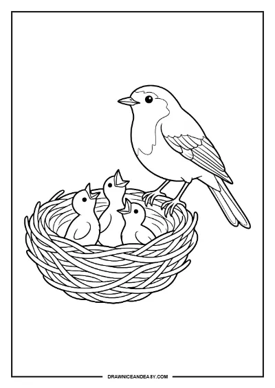 Mom Bird Feeding Baby Nestlings Mother's Day Coloring Page – Free PDF coloring page preview