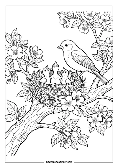 Bird Nest Nature Mother's Day Coloring Page – Free PDF coloring page preview