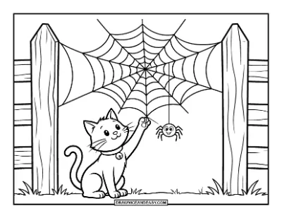 Black Cat and Spiderweb Coloring Page coloring page preview