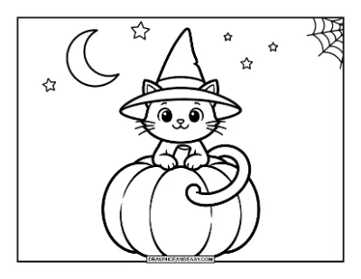Black Cat Wearing a Witch Hat Sitting on a Pumpkin Coloring Page coloring page preview