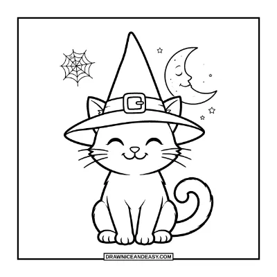 Black Cat with Witch Hat Coloring Page coloring page preview