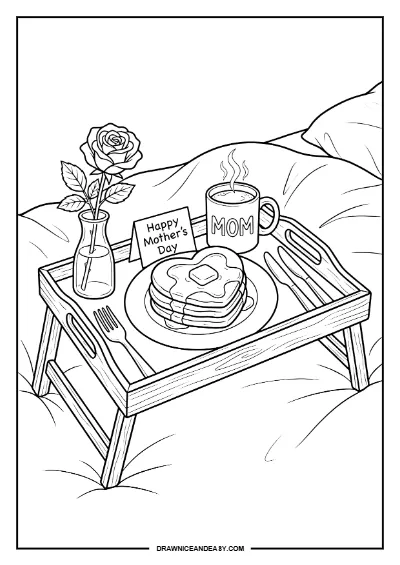 Breakfast in Bed Mother's Day Coloring Page – Free PDF coloring page preview