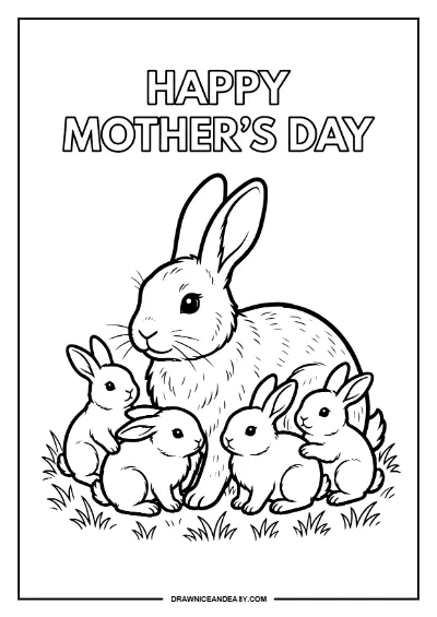 Bunny Mom and Babies Mother's Day Coloring Page – Free PDF coloring page preview