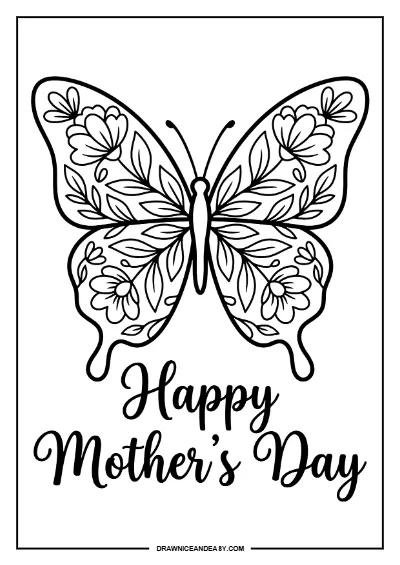 Butterfly Happy Mother's Day Coloring Page – Free PDF coloring page preview