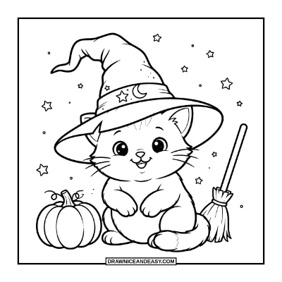 Cat Dressed as a Witch Coloring Page coloring page preview