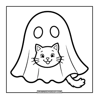Cat in Ghost Costume Coloring Page coloring page preview