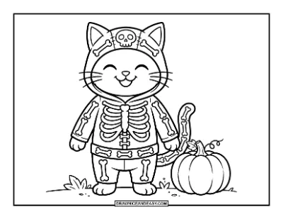 Cat in Skeleton Costume Coloring Page coloring page preview