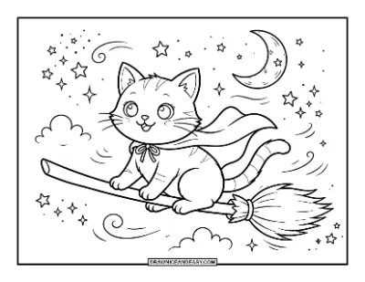 Cat on a Witch Broom Coloring Page coloring page preview