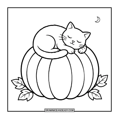 Cat Sleeping on a Pumpkin Coloring Page coloring page preview