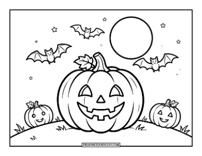 Classic Jack-o'-Lantern with Bats and Moon Coloring Page coloring page preview