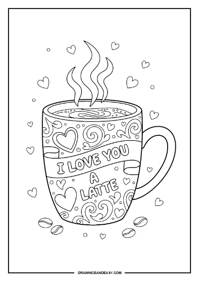 Coffee Cup I Love You Mom Mother's Day Coloring Page – Free PDF coloring page preview