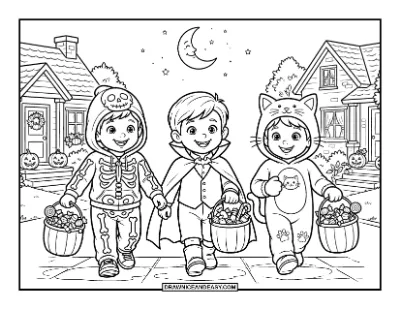 Costumed Kids Trick-or-Treating Down the Street coloring page preview
