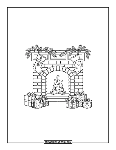 Cozy Christmas Fireplace with Stockings Coloring Page coloring page preview