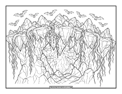 Creepy Cave with Glowing Eyes coloring page preview