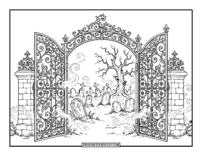 Creepy Cemetery Gates in the Mist coloring page preview