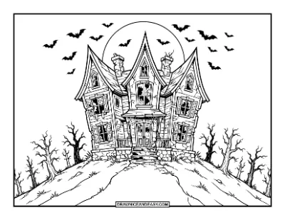 Creepy Haunted House on a Hill coloring page preview
