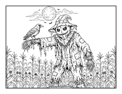 Creepy Scarecrow in a Moonlit Cornfield coloring page preview