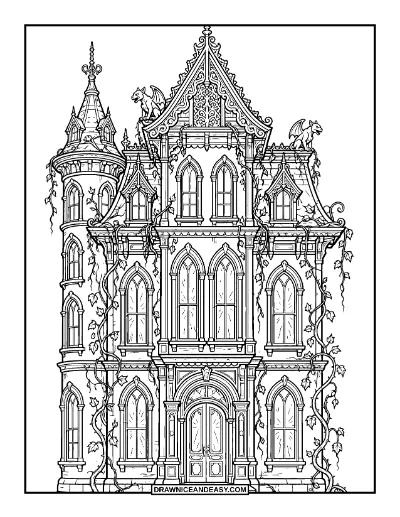 Creepy Victorian Mansion with Glowing Windows coloring page preview