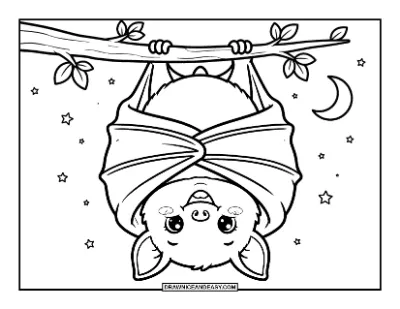 Cute Bat Hanging Upside Down with a Smile Coloring Page coloring page preview