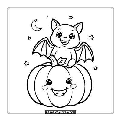 Cute Bat Sitting on a Smiling Pumpkin Coloring Page coloring page preview