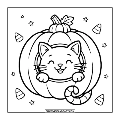 Cute Black Cat in a Pumpkin Costume Coloring Page coloring page preview