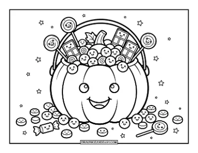 Cute Candy Bucket Full of Smiling Candies Coloring Page coloring page preview