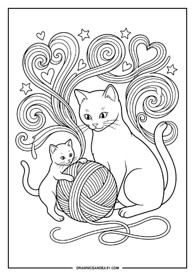 Cute Cat and Kitten Mother's Day Coloring Page – Free PDF coloring page preview
