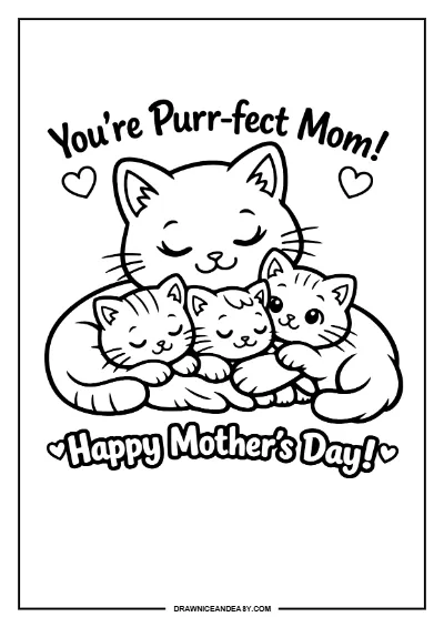 Cute Cat Mom Happy Mother's Day Coloring Page – Free PDF coloring page preview
