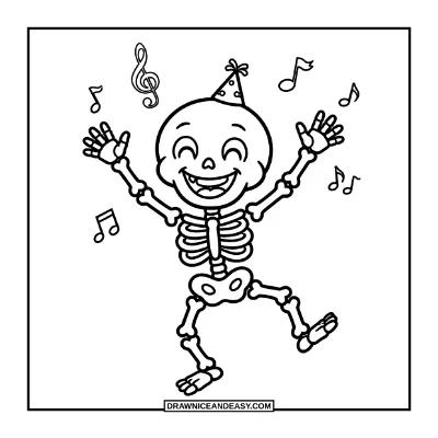 Cute Dancing Skeleton with Music Notes Coloring Page coloring page preview