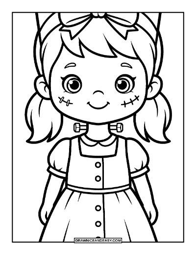 Cute Frankenstein-Style Monster Girl with a Bow coloring page preview