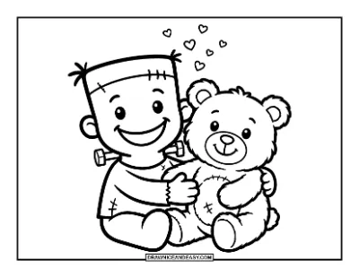Cute Frankenstein-Style Monster Hugging a Teddy Bear Coloring Page coloring page preview