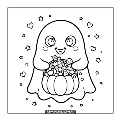Cute Ghost Holding a Candy Bucket Coloring Page coloring page preview