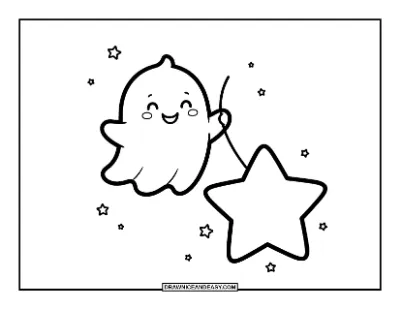 Cute Ghost Holding a Star Balloon Coloring Page coloring page preview