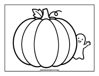 Cute Ghost Peeking from Behind a Pumpkin Coloring Page coloring page preview