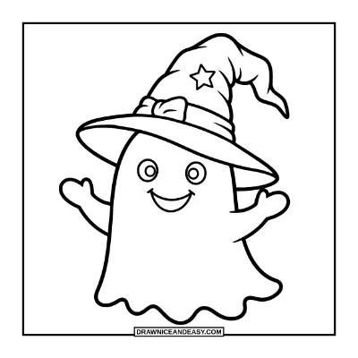 Cute Ghost Wearing a Witch Hat Coloring Page coloring page preview