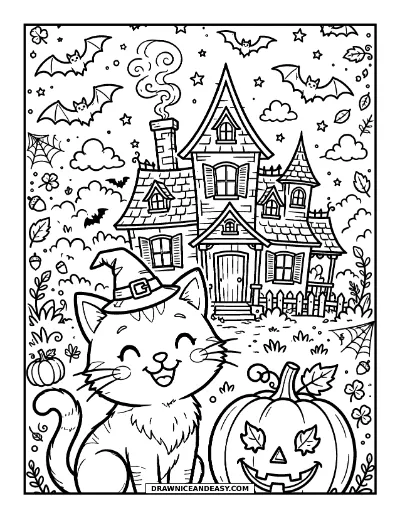 Cute Halloween Cat Coloring Page coloring page preview